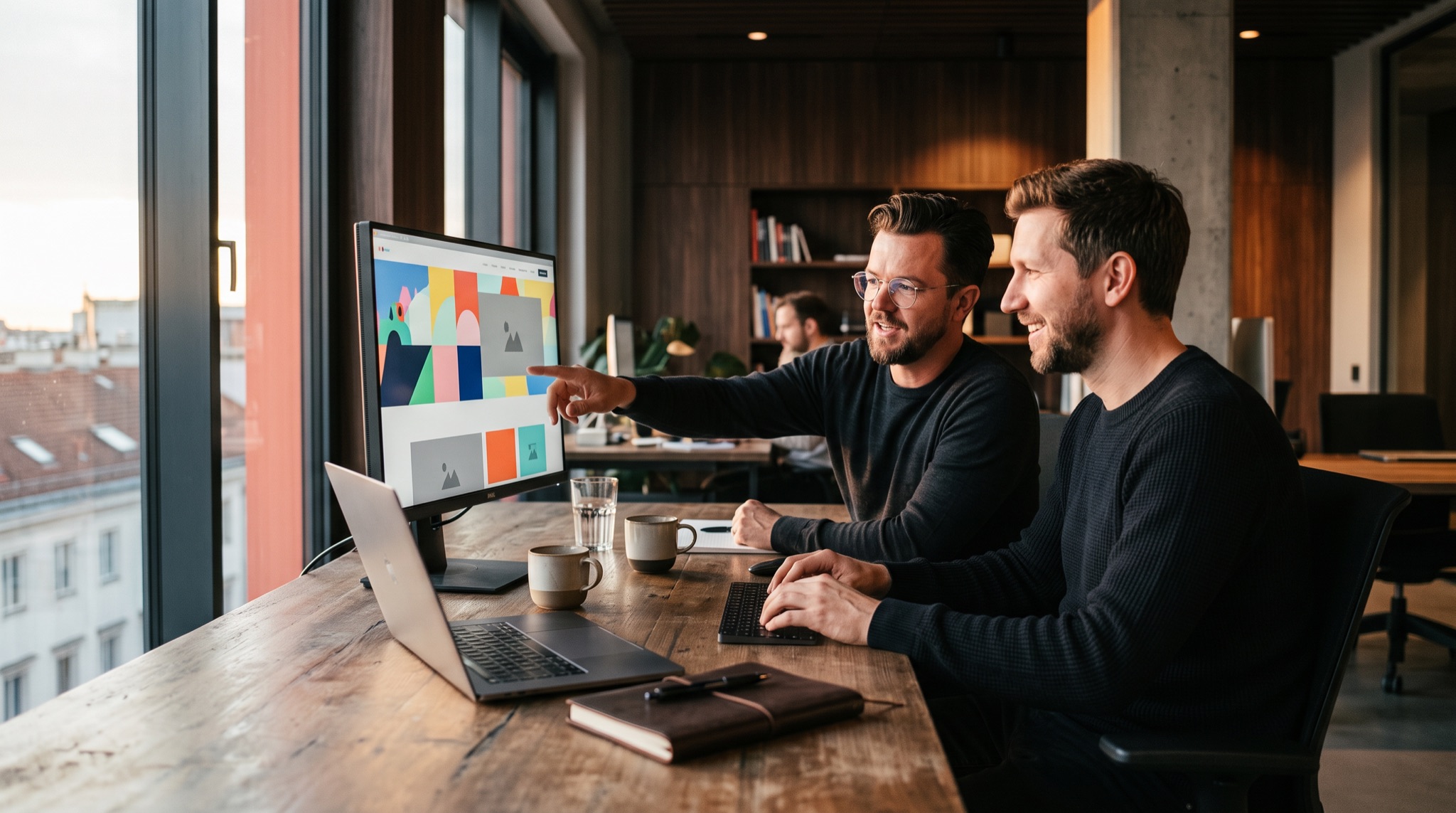 Philipp und Alex arbeiten gemeinsam am Computer an einem Website-Entwurf