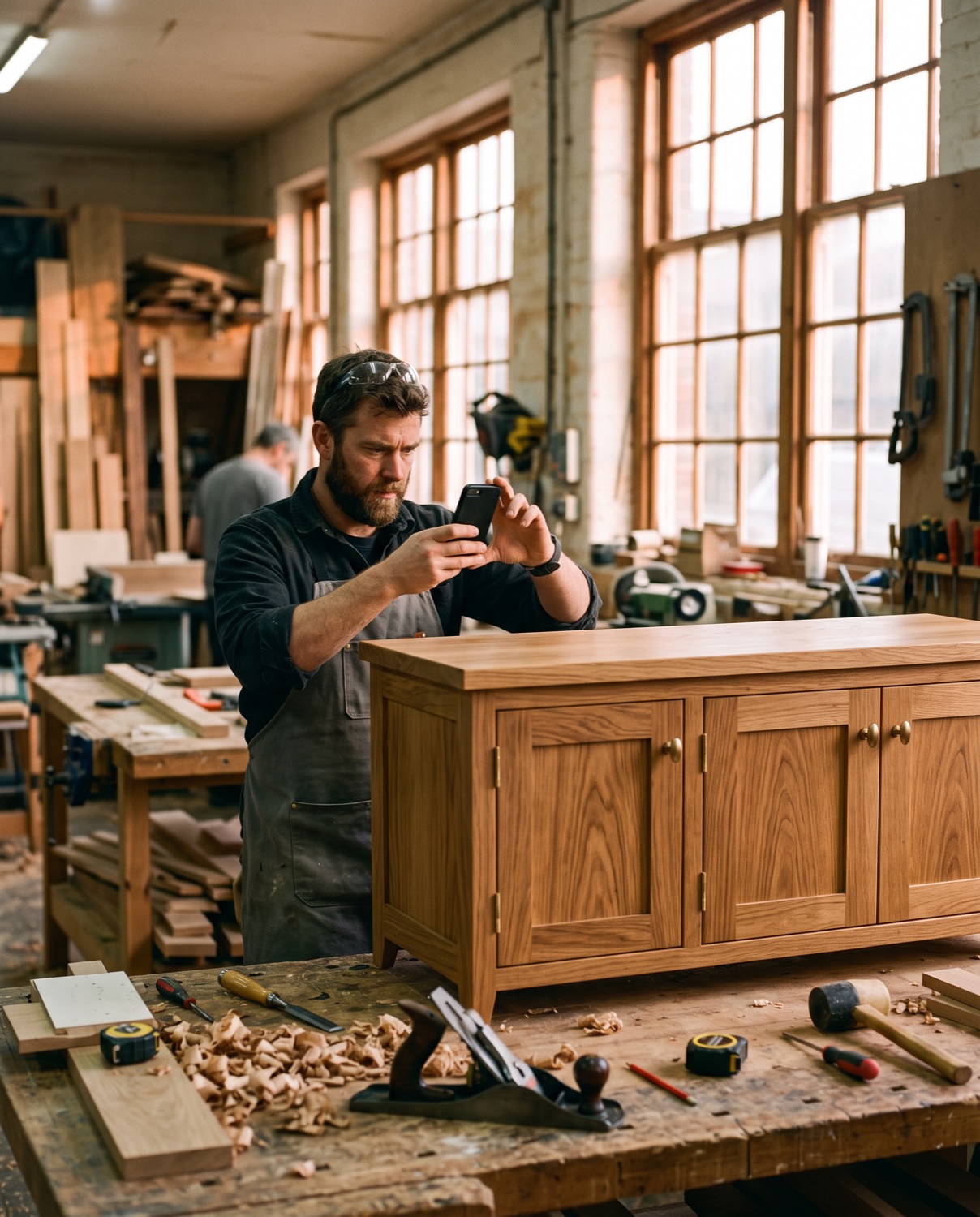 Tischler fotografiert einen fertigen Eichenschrank in der Werkstatt